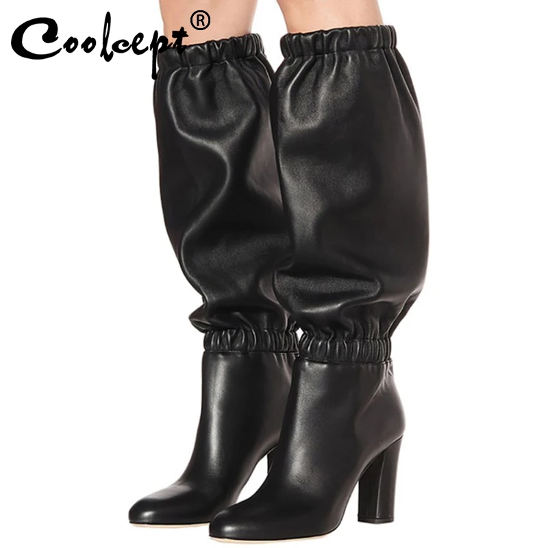

Coolcept Plus Size 35-48 Women Knee High Boots Solid Color High Heels Shoes Women Winter Long Boots Fashion Lady Shoes