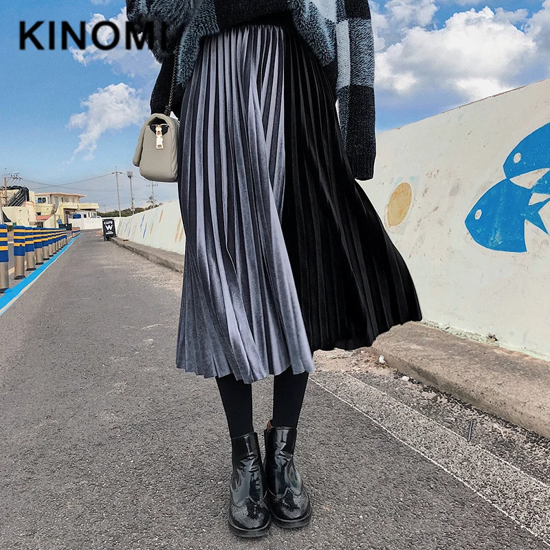 KINOMI Осень Зима Бархат Теплый цвет лоскутное гофрированные длинные юбки эластичный пояс уличный шик Тюль трапециевидная юбка Офисная Женская