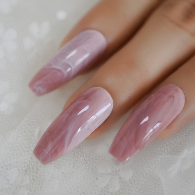 Long STILETTO False Nails Pre-designed Curved Pink Marble Press On Nails including glue sticker