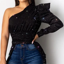 Black Dip Hem One Shoulder Blouse Asymmetric Glitter Shirt Long Sleeve High Low Blouse Elegant Womens Sequin Glaxy Party Blouse Black Dip Hem One Shoulder Blouse Asymmetric Glitter Shirt Long Sleeve High Low Blouse Elegant Womens Sequin Glaxy Party Blouse