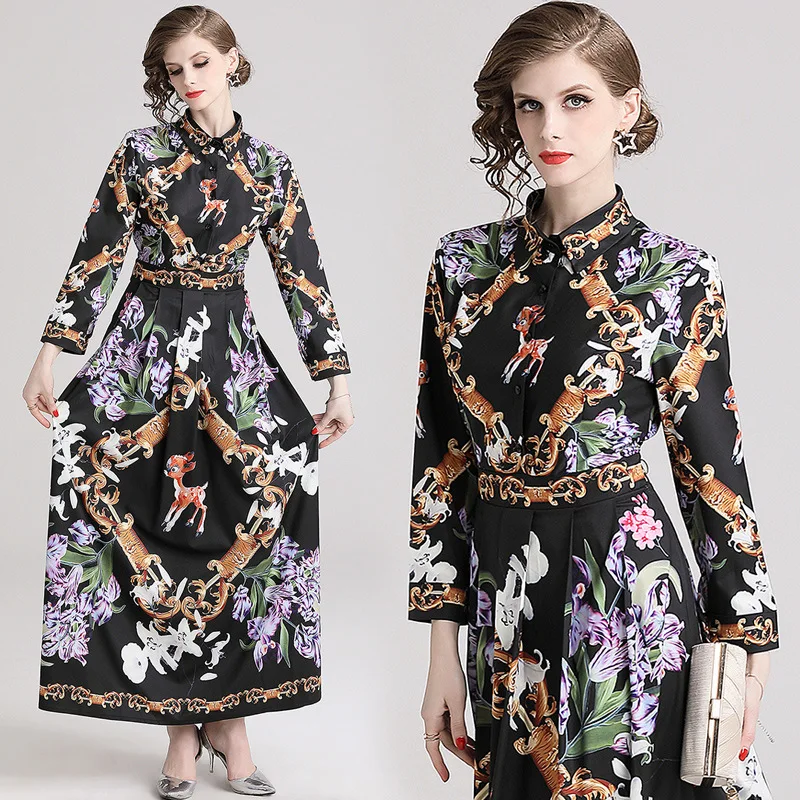 

Photo Shoot-Europe And America Fashion Waist Hugging Slim Fit Slimming Versatile Positioning Floral Printed Dress
