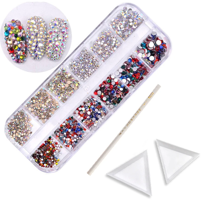 

1box stones1pc pen and 2plates Multi Size Colors Glass Nail Rhinestones Flatback 3D Gems DIY Manicure Nail Art Decorations