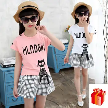 

Baby Girls Clothing 2018 Summer Kids Children Sets Pure Cotton Circular Point Cartoon T-shirt For Girl + Shorts Two Pieces 4-12Y