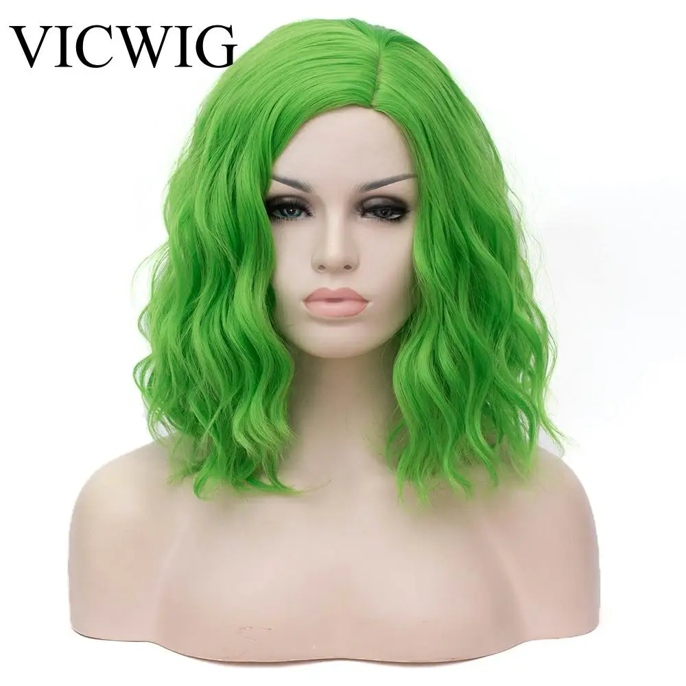 

VICWIG 16 inch Cosplay Wig Short Curly Synthetic Hair Green Wig with Middle Part Line For Women