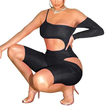 

Women Playsuit Jumpsuit Sling Solid Color One Shoulder Off Long Sleeve Hollow Out Design Bodysuit Jumpsuit One Piece Romper
