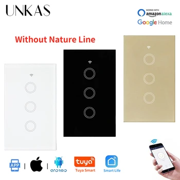 

UNKAS US Standard Tuya APP Control Wifi Smart Automation Wall Touch Switch Wireless Glass Panel 3 Gang 1 Way Single Fire Line