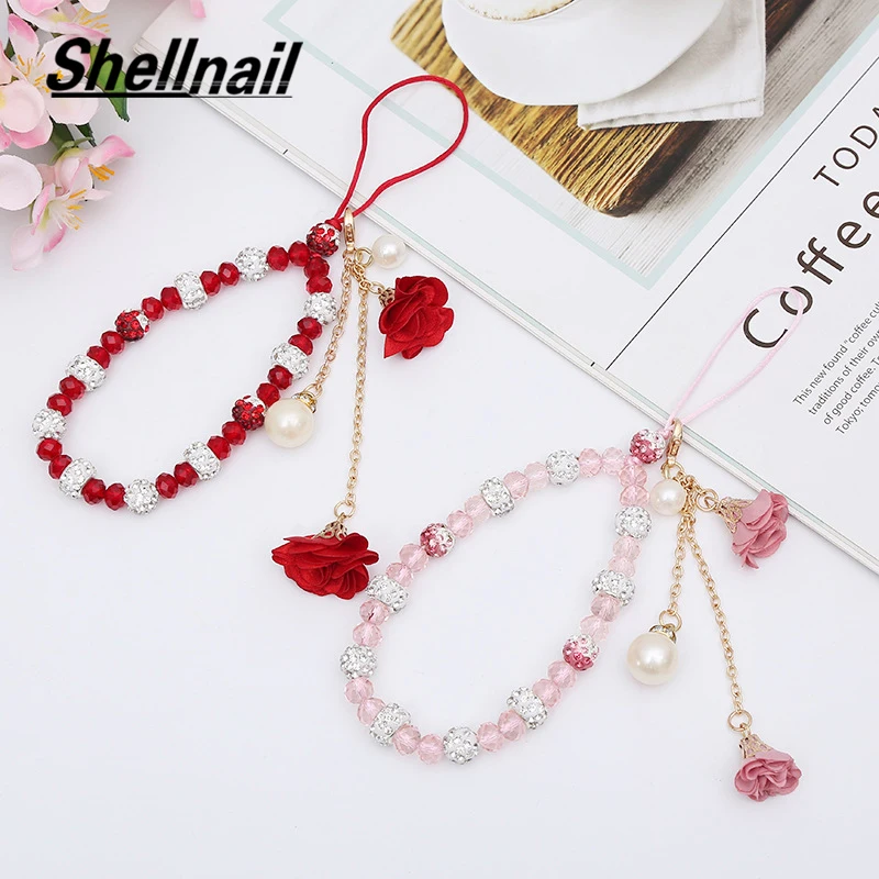 Shellnail Mobile Phone Lanyard Short Hand Strap for Key USB Diamond Bracelet Phone Case Flower Pendant DIY Tassel Phone Straps