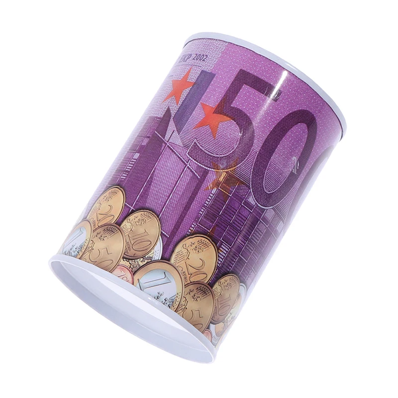 Description Picture 2 of itemTinplate Cylinder Piggy Bank Euro Dollar Picture Box Household Saving Money Box Home Decoration Money Boxes
