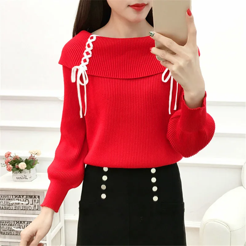

Women Sexy Slash Neck Solid Autumn Winter Sweater Pullover Female Batwing Sleeve Loose Knitted Sweater Top Pull Femme Fashion