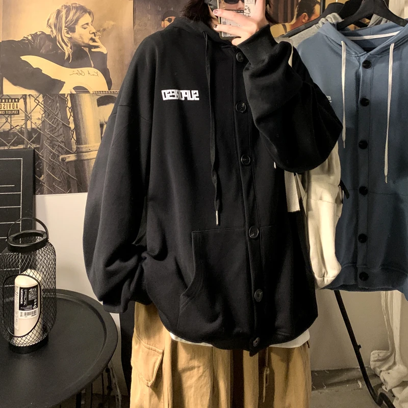 

Men Loose Sweatshirts Cardigans Button Pockets Streetwear Solid Color Hoodies Pull Homme