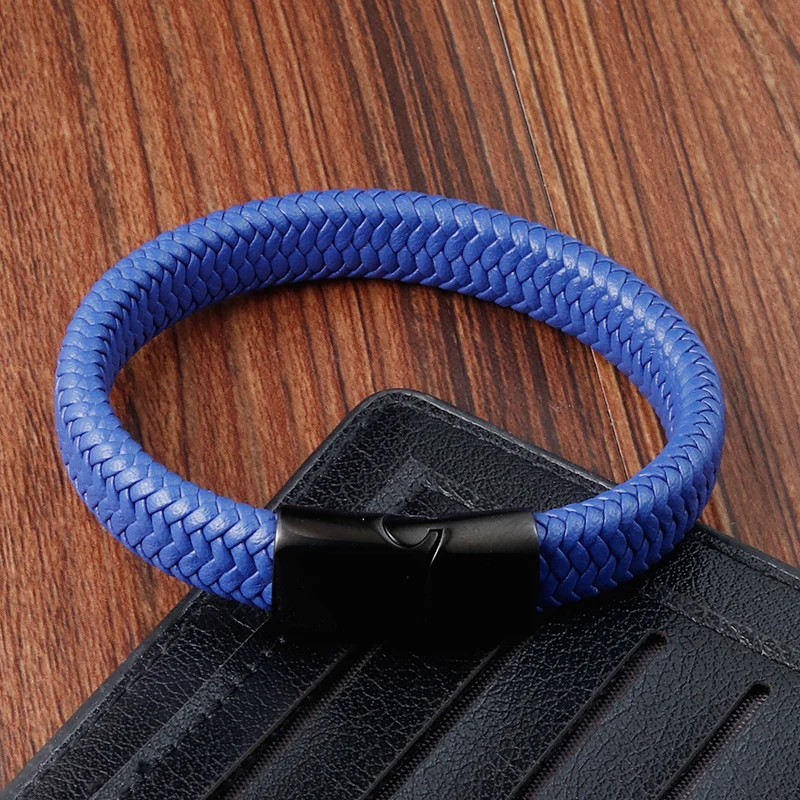 New Free Custom Name Blue/red leather Simple Charm Business Men Stainless Steel Leather Braided Bracelet Bagnet Lock Bangle - Image 4