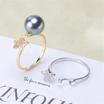

Real 925 Sterling Silver Women Wedding Engagement Ring Adjustable Simple Round Pearl Ring Mounting