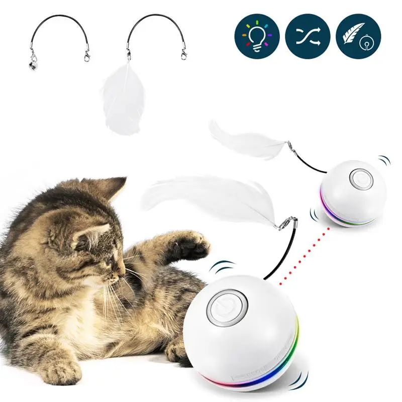 Smart Interactive Cat Toy Colorful LED Self Rotating Ball With Catnip Bell and Feather Toys USB Rechargeable Kitten | Дом и сад