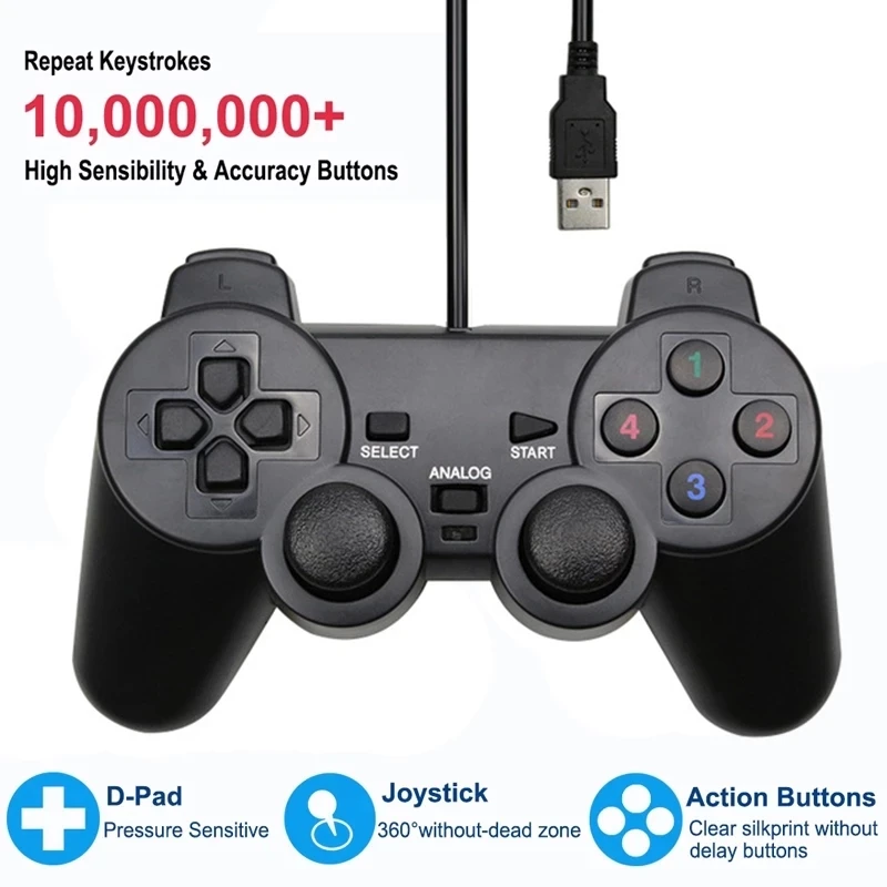 Проводной USB контроллер геймпад для WinXP/Win7/Win8/Win10 черный вибрирующий игровой