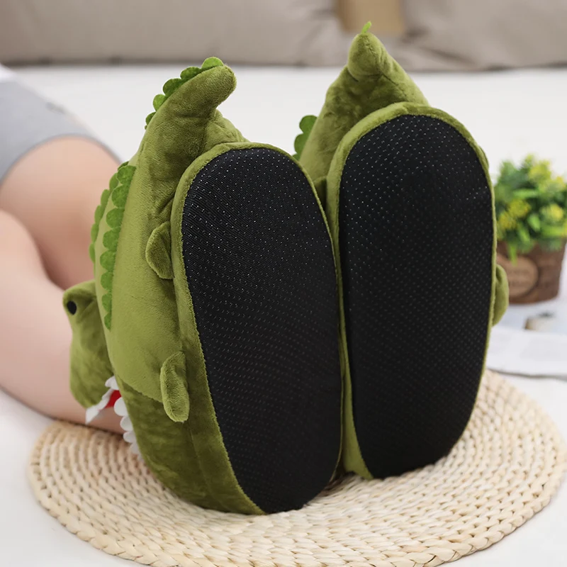 1PC New Cartoon Crocodile Plush Home Winter Warm Non-slip Cotton Funny Shoes Green Half Cover Toe Slides Furry Slides
