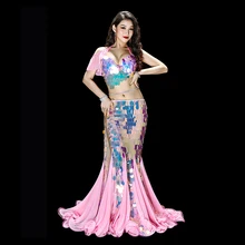Сексуальные женские длинные блесток Русалка Макси платье Восточный набор костюма для танца живота бюстгальтер юбка для танца живота одежда Танцы макси Вечерние платья
