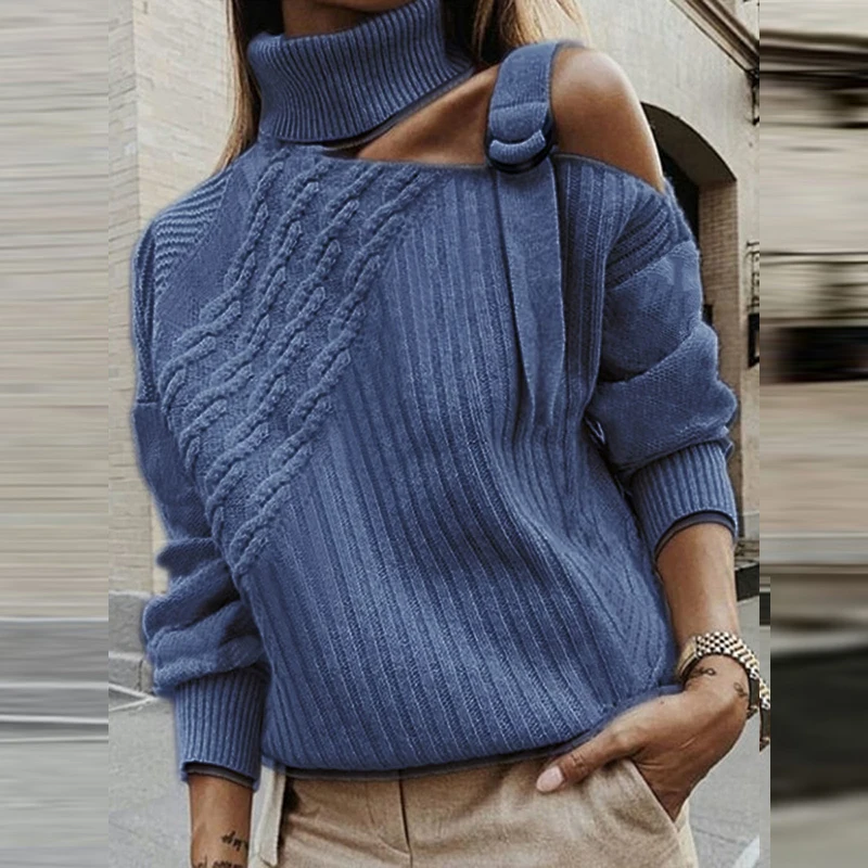 Женский лоскутный свитер с высоким воротом, сексуальный вязаный пуловер с открытыми плечами и пряжкой, осенне-зимний джемпер с длинным рукавом, топы, трикотажная одежда