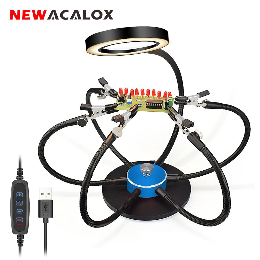 NEWACALOX Soldering Helping Hand USB 3X LED Lights Magnifying Glass 6pcs Flexible Arms Rotating Base Welding Third Hand Tool