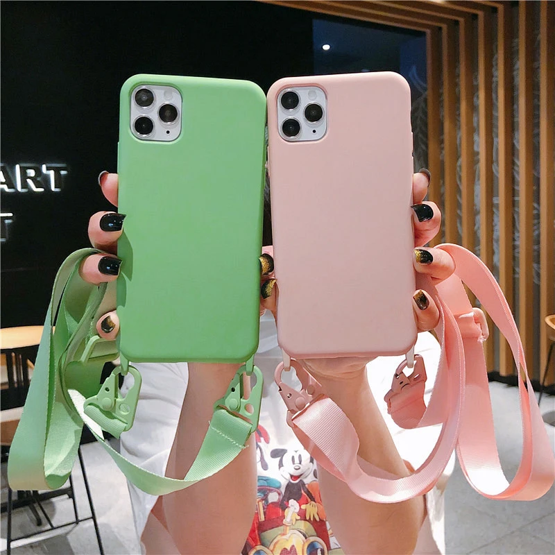 Shoulder strap lanyard Phone Case For iphone 12 13Pro 12Pro 11 11Pro Max X XR XS Max SE 7 8Plus Candy color soft silicone case