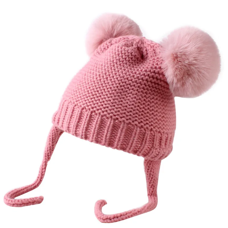 Зимние Повседневные шапочки Bunvel для маленьких девочек и мальчиков; зимняя плотная теплая вязаная шапка с помпонами; Детские шапочки; аксессуары - Цвет: Розовый