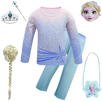 

Girls Princess Elsa Cosplay Costumes 2Pcs Sets Glitter Party Clothes Snow Queen Costume T-shirt-pants Children Party Show Set