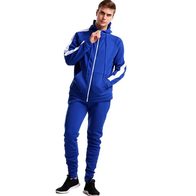 Blue Модный спортивный костюм теплый и бархатный мужской спортивный набор для лоскутного шитья толстовка на молнии спортивные б - Цвет: Blue