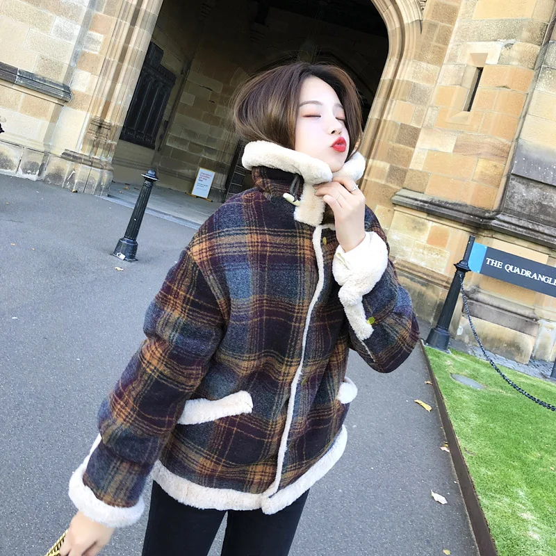 

2018 Winter New Style Korean-style CHIC Students Lambs Wool Plaid Woolen Coat Women's Short Joint Cotton-padded Clothes Cotton C