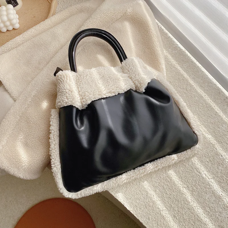Kopen Mode Lam Kasjmier Vrouwen Handbgs Designer Pluche Schoudertassen Luxe Pu Lederen Crossbody Tas Grote Capaciteit Totes Lady Purse