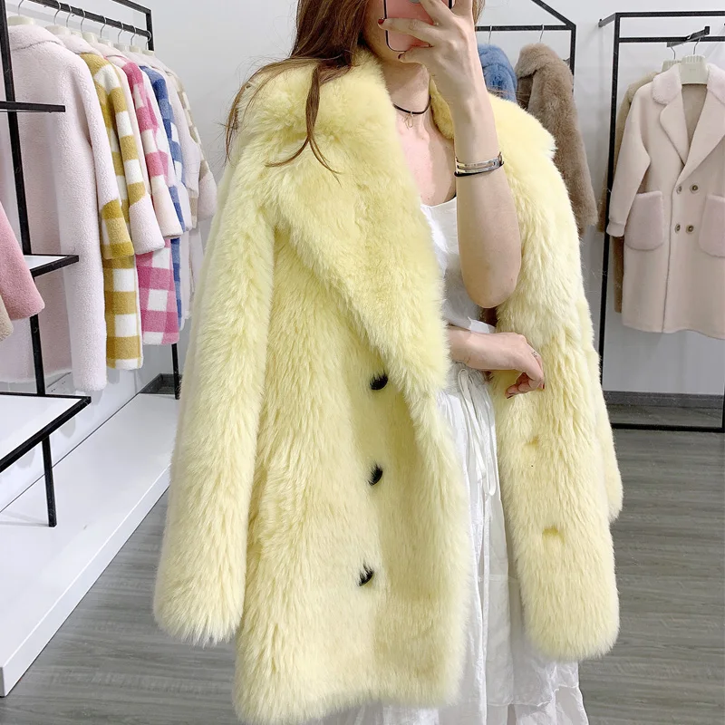 women coat real fur sheep shearing outerwear turn-down collar jacket thick warm lamb fur clothing winter parka