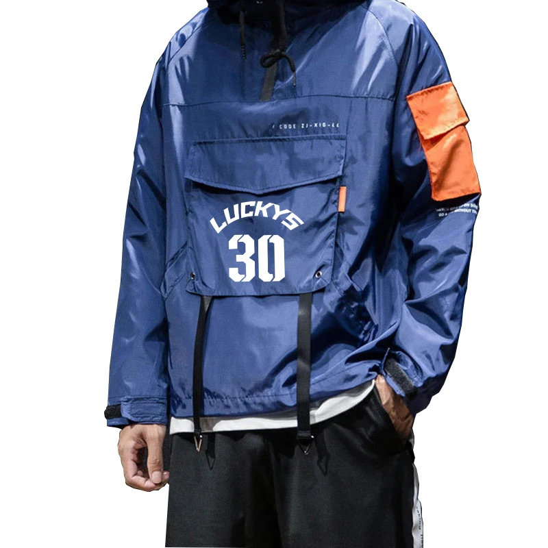 

Mens Wind-proof Hoodie Pullover Hoodies Pockets Harajuku style Printed Sweatshirts Casual Hip Hop Loose Riobbon Jacket