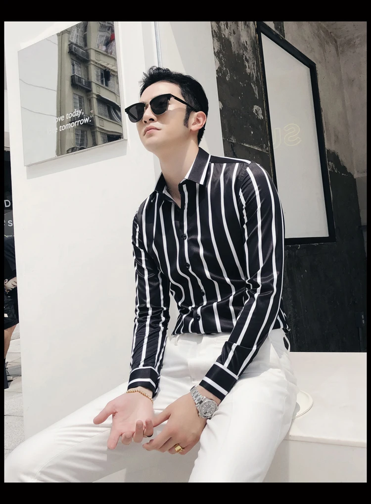 Осенняя мужская Корейская версия полосатой рубашки, Модная тонкая ретро деловая Повседневная рубашка, мужская рубашка с длинными рукавами для выпускного вечера