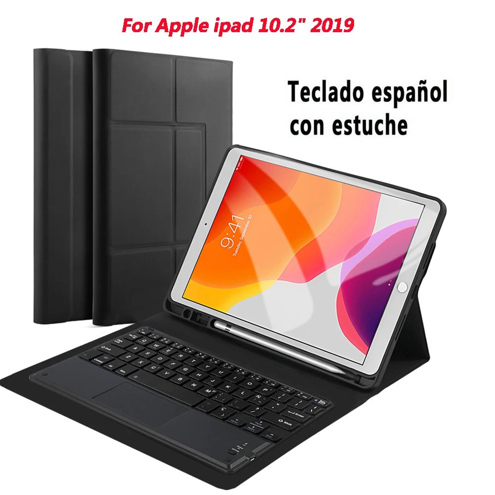 Чехол с испанской клавиатурой для iPad 10,2 чехол из искусственной кожи флип-подставка Bluetooth тачпад Клавиатура планшет защитный чехол