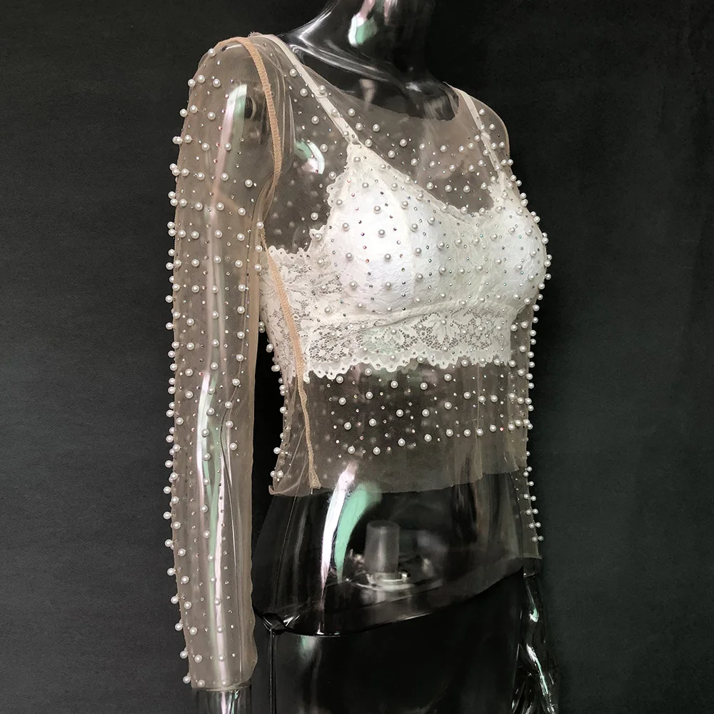 Luxury Crystal Sexy See Through Long Sleeve T-shirt Lace Night Party Club Cropped Top Lady Fashion Balck Streetwear 2025