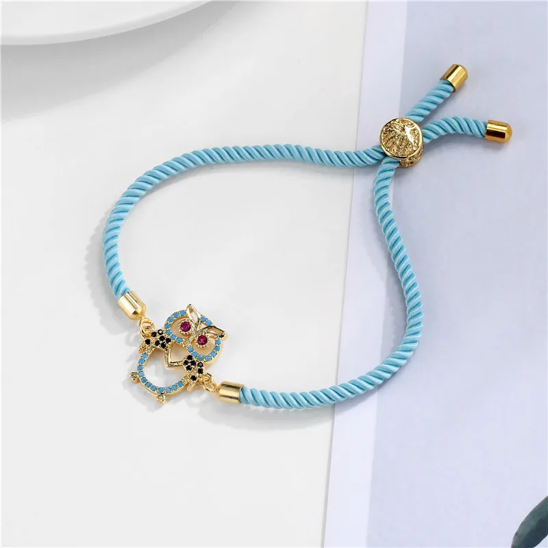 NEWBUY Trendy Blue Color Rope Life Tree Bracelet Cubic Zirconia Inlay Gold Color Owl Charm Bracelets For Women Girl Dropship