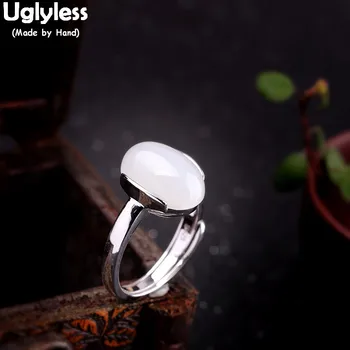 

Uglyless Fashion Simple Oval Jade Rings for Women Natural Gemstones Open Rings Real 925 Sterling Silver Glossy Fine Jewelry R846