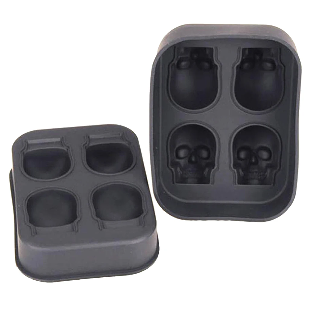 3D Skull Flexible Silicone Ice Cube Mold Tray Makes 4 Giant Skulls Round Ice Cube Maker Black