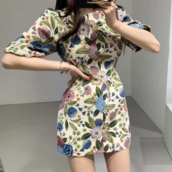 

Flower Dress Puff Short Sleeve Linen Mini Summer Spring Party White Vintage Elegant Red Office Korean Blue Vestido Corto Women