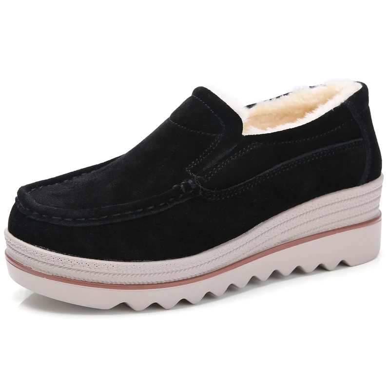 black short plush EOFK/женские лоферы; Женская Осенняя обувь на плоской платформе; женские мокасины из натуральной кожи; Женская Повседневная Осенняя обувь без застежки - Цвет: black short plush