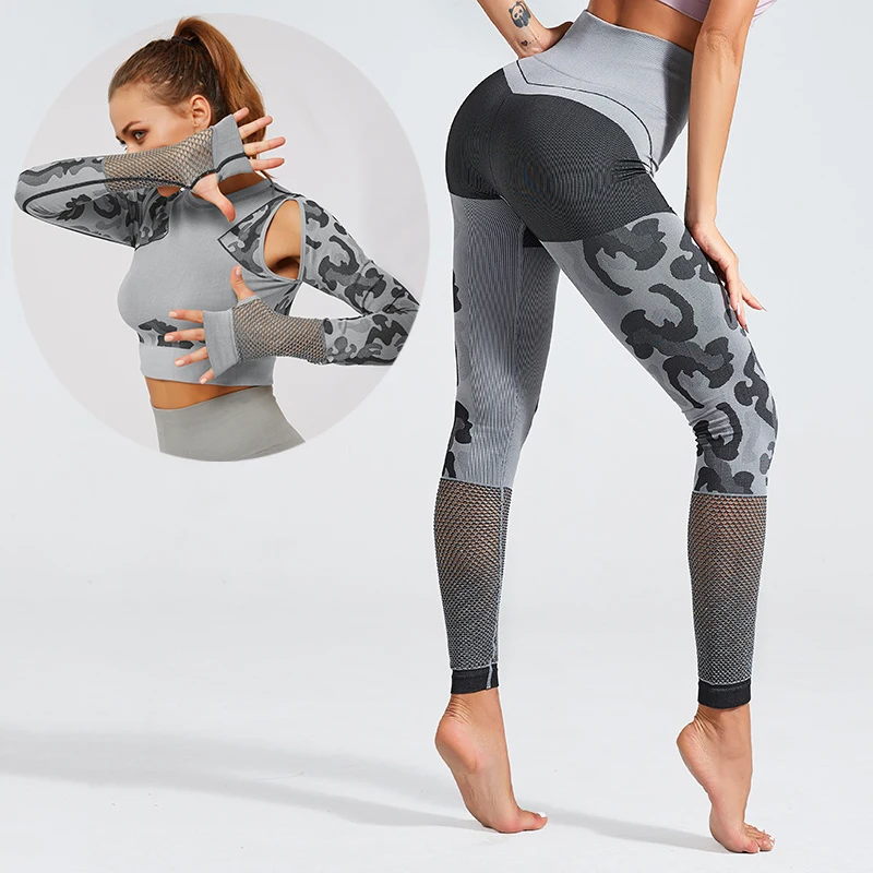 set-grey Женский Vital бесшовный Набор для йоги одежда фитнес леггинсы+ укороченные рубашки спортивный костюм женский спортивный костюм с длинными рукавами Спортивная одежда - Цвет: set-grey