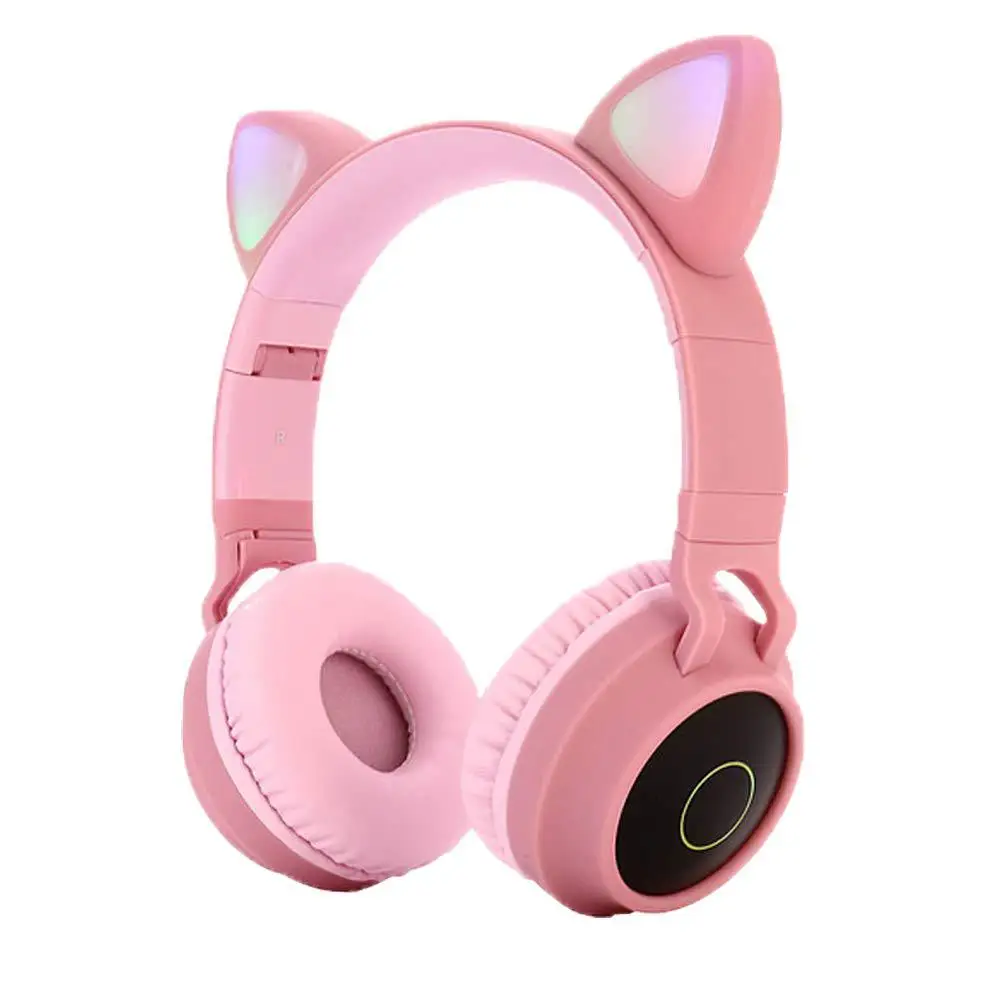 Милые кошачьи наушники Bluetooth 5,0 складные на ухо стерео Беспроводная гарнитура с микрофоном светодиодный светильник FM радио/TF карты наушники r60 - Цвет: Розовый