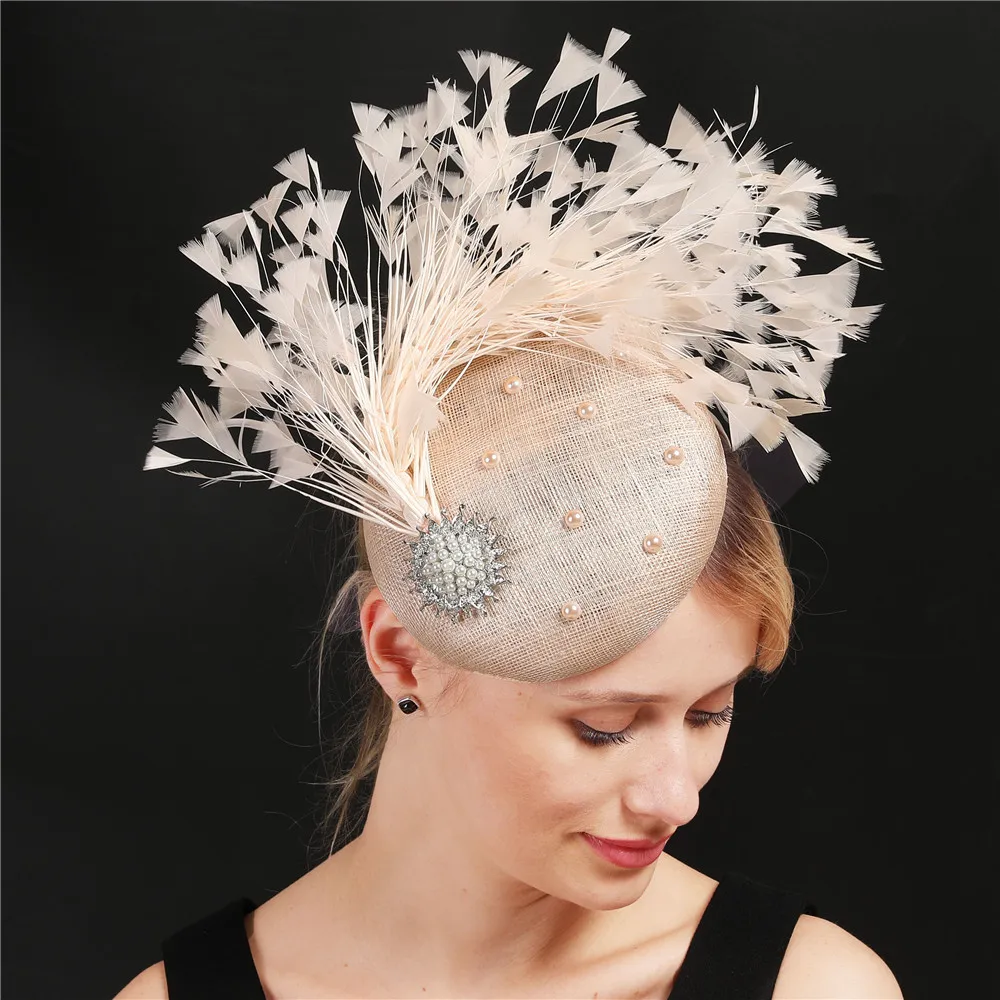 women fascinator hats High quality 4 layer sinamay elegant ladies wedding headwear with fancy feather occasion hair accessories
