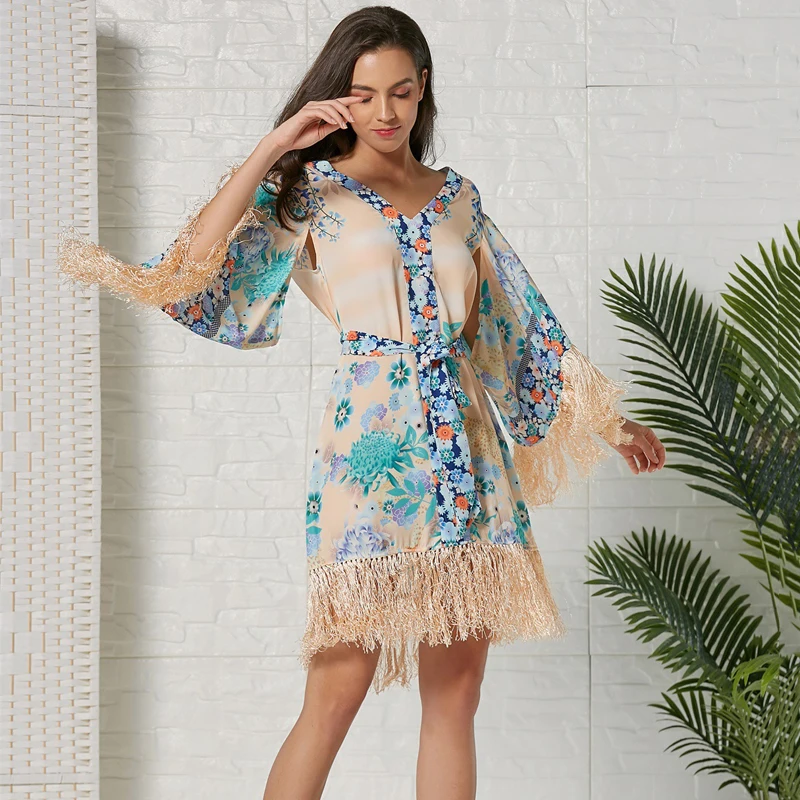 Lossky Платье женское элегантное Vestidos Bohemia Tassel сшитое модное мини-платье с принтом летняя и осенняя пляжная одежда женское платье