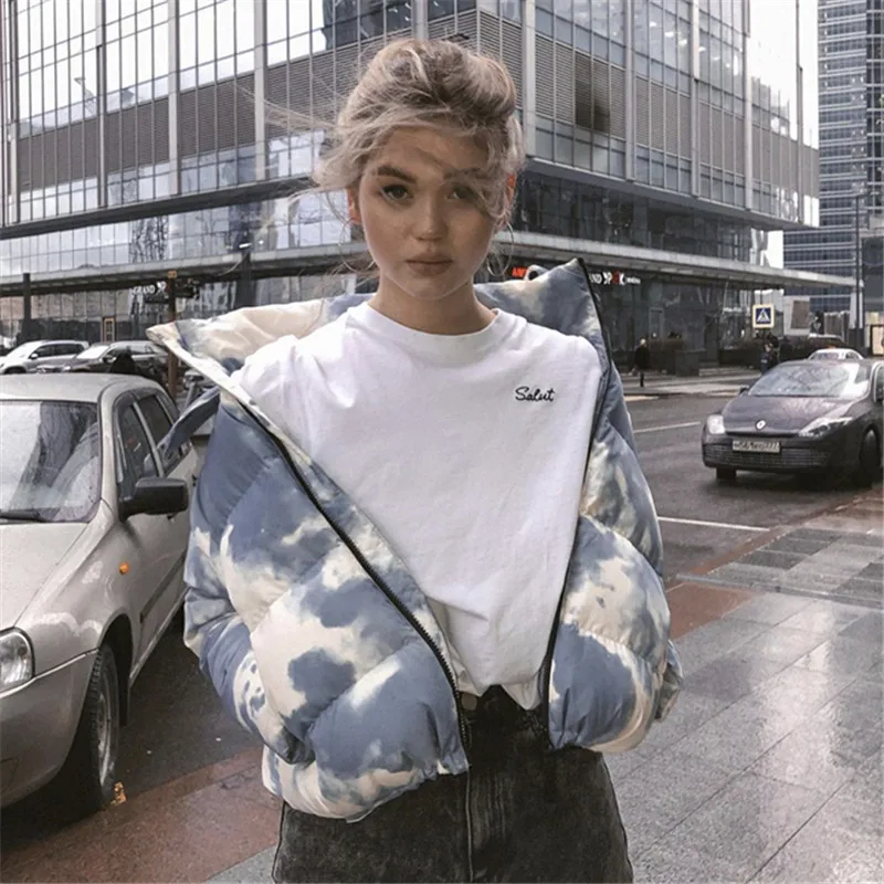 

Paris Girl Autumn Winter Down Jacket Women Tie-dye Printing Slim Hooded Korean Style Casual Loose Female Short Parka