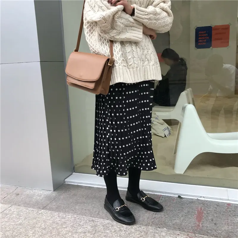 

Hzirip Women Stylish Pleated Slender Polka Dots All-Match Sweet 2020 Chiffon Elastic Waist Vintage Casual High Waist Skirts
