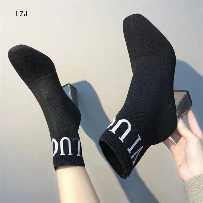 LZJ 2019 Women Black Ankle Sock Boots Fashion Autumn Stretch Fabric Boots Chunky High Heels Square Toe Women Dress Shoes