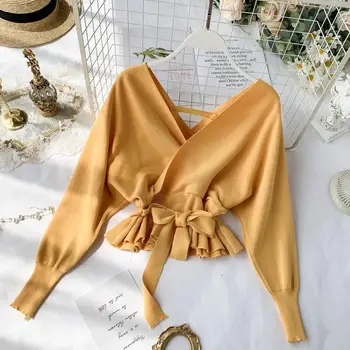 

Elegant Sashes V Neck Knit Sweater Women 2020 Sexy Backless Autumn Long Sleeve Sweater Ladies Ruffle Fashion Jumper Pullover