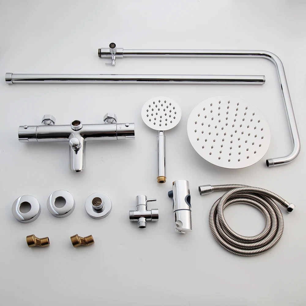 YANKSMART Thermostatic Bathroom Shower Faucet Set Wall Mounted Chrome Polished Bathtub Rainfall Shower Head Mixer Water Tap Kit