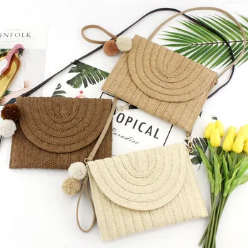 

Summer Boho Women Handbags Straw Bags Pom Pom Envelope Bag Messenger Bags