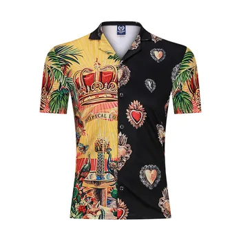 

Shirt Men Vintage Crown Printed Shirts Slim Short Sleeve Summer Hawaiian Vacation Party Casual Shirts Camisa Shirt homme M-XXL