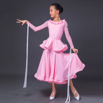 

Latin Children'S Modern Dance Dress Waltz Pink Long Sleeve Practice Clothes National Standard Dance Ballroom Dance Dress DN6708